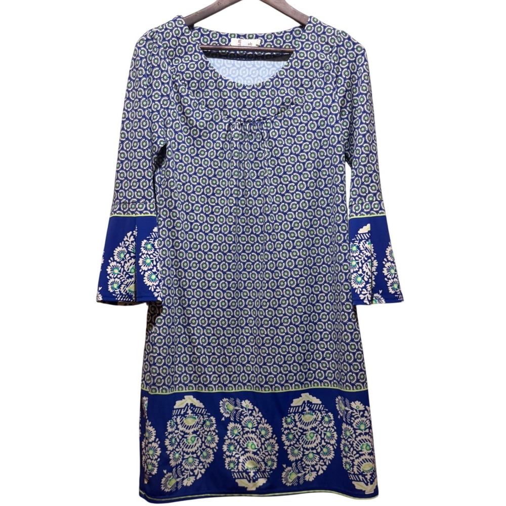 Aryeh Blue Green‎ Geometric Floral Bell Sleeve Shift Dress Womens Small